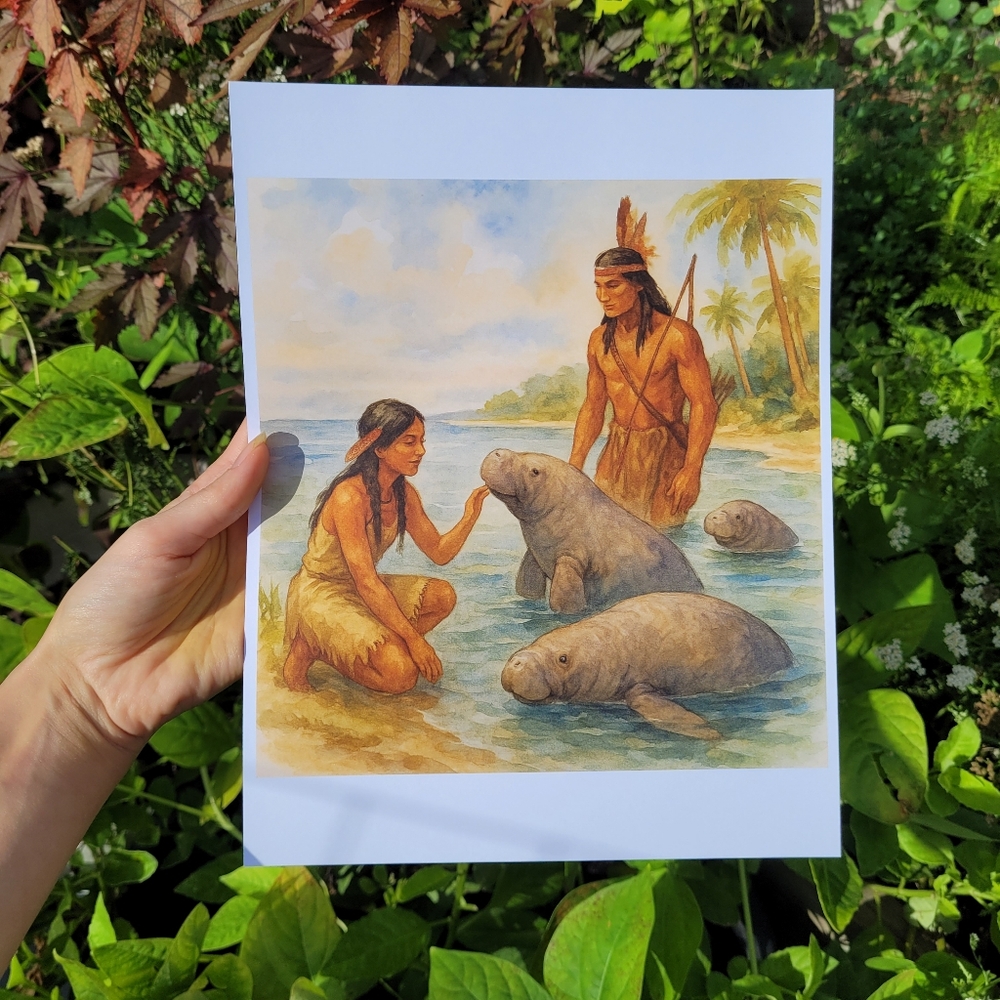 Watercolor Art Print with Manatees And Native American Indians